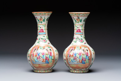 Five Chinese Canton famille rose vases with narrative design, 19th C.