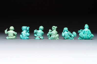 A complete set of 12 Chinese carved turquoise 'Children at Play with the Zodiac Animals' figures on wooden stands, Republic