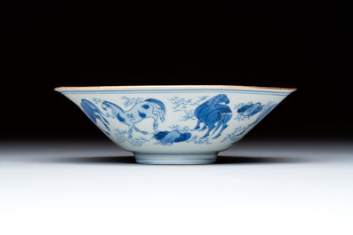 A Chinese blue and white conical 'Eight Horses of Mu Wang' bowl, Jiajing mark, Shunzhi/Kangxi