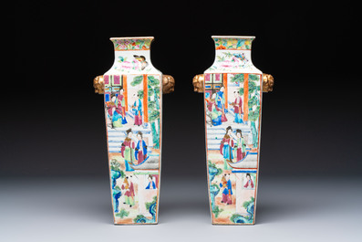Five Chinese Canton famille rose vases with narrative design, 19th C.