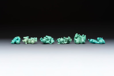A complete set of 12 Chinese carved turquoise 'Children at Play with the Zodiac Animals' figures on wooden stands, Republic