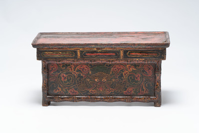 A Tibetan finely painted polychrome wooden folding table and an altar table, 18/19th C.