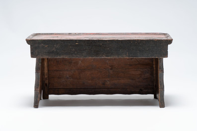 A Tibetan finely painted polychrome wooden folding table and an altar table, 18/19th C.