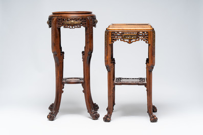 Gabriel Viardot (1830-1906): a gilt-bronze-mounted marble-topped Japonism wooden stand, marked, and one stand attributed to Viardot, France, ca. 1900