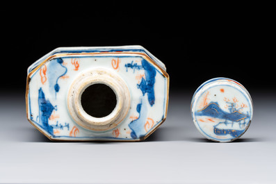 17 Chinese blue, white and famille rose plates and an Imari-style tea caddy, Kangxi/Qianlong
