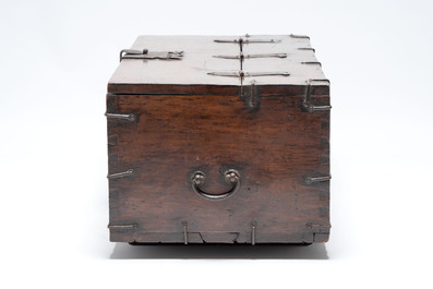 A Korean wrought-iron mounted wooden coin chest (Ton-Kwe), Joseon, 18/19th C.