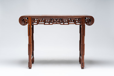 A Chinese burlwood-topped hardwood console table, 19th C.