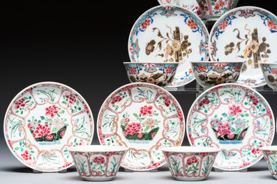 Eight sets of Chinese famille rose cups and eight saucers, Yongzheng/Qianlong
