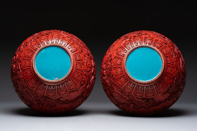 A pair of Chinese cinnabar lacquer 'Xi Xiang Ji' 'Tianqiu Ping' vases, 20th C.