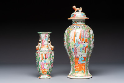 A pair of Chinese Canton famille rose hat stands, a covered vase, a vase and a bowl, 19th C.
