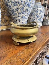 A large Chinese bronze tripod censer and stand, Wu Chen Mi Sheng Tang 戊辰米生堂 mark, dated 1868
