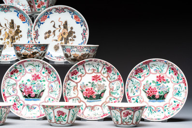 Eight sets of Chinese famille rose cups and eight saucers, Yongzheng/Qianlong
