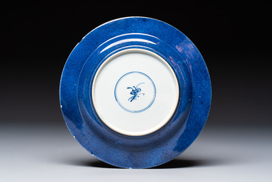 Three Chinese famille verte plates with floral design, one powder-blue-ground, Kangxi