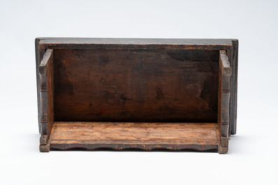 A Tibetan finely painted polychrome wooden folding table and an altar table, 18/19th C.