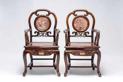 A set of six fine Chinese marble-inset hongmu chairs, 19th C.
