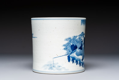 A Chinese blue and white 'Fisherman' brush pot, 20th C.