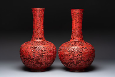 A pair of Chinese cinnabar lacquer 'Xi Xiang Ji' 'Tianqiu Ping' vases, 20th C.