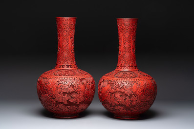A pair of Chinese cinnabar lacquer 'Xi Xiang Ji' 'Tianqiu Ping' vases, 20th C.