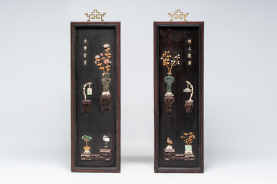 A Chinese lacquered wooden table screen with jade and cloisonn&eacute;, and a pair of wall panels embellished with jade, bone, and wood, 19/20th C.