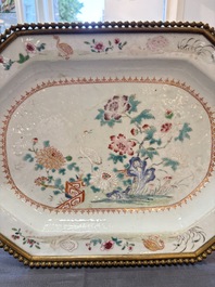 A Chinese famille rose octagonal 'Crane among Flowering Branches' dish with bronze mount, Qianlong