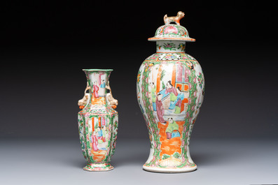 A pair of Chinese Canton famille rose hat stands, a covered vase, a vase and a bowl, 19th C.