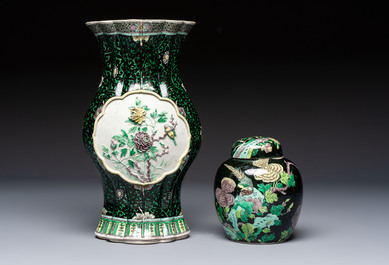 A Chinese verte biscuit black-ground vase and a covered jar, Xuande and Kangxi mark, 19th C.