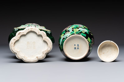 A Chinese verte biscuit black-ground vase and a covered jar, Xuande and Kangxi mark, 19th C.