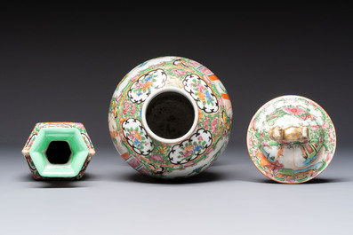 A pair of Chinese Canton famille rose hat stands, a covered vase, a vase and a bowl, 19th C.