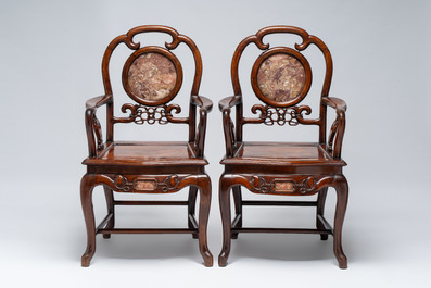 A set of six fine Chinese marble-inset hongmu chairs, 19th C.