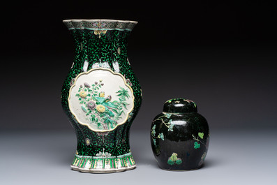 A Chinese verte biscuit black-ground vase and a covered jar, Xuande and Kangxi mark, 19th C.