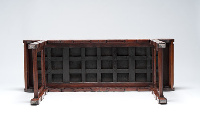 A Chinese burlwood-topped hardwood console table, 19th C.