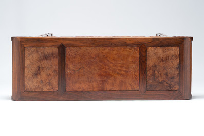 A Chinese burlwood-topped hardwood console table, 19th C.