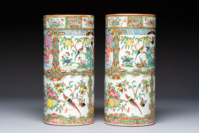 A pair of Chinese Canton famille rose hat stands, a covered vase, a vase and a bowl, 19th C.