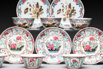 Eight sets of Chinese famille rose cups and eight saucers, Yongzheng/Qianlong