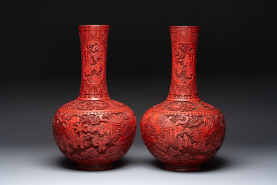 A pair of Chinese cinnabar lacquer 'Xi Xiang Ji' 'Tianqiu Ping' vases, 20th C.
