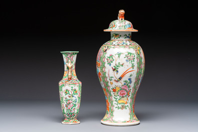 A pair of Chinese Canton famille rose hat stands, a covered vase, a vase and a bowl, 19th C.