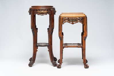 Gabriel Viardot (1830-1906): a gilt-bronze-mounted marble-topped Japonism wooden stand, marked, and one stand attributed to Viardot, France, ca. 1900