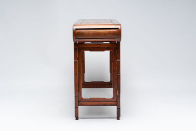 A Chinese burlwood-topped hardwood console table, 19th C.