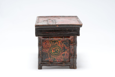 A Tibetan finely painted polychrome wooden folding table and an altar table, 18/19th C.