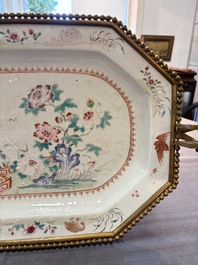 A Chinese famille rose octagonal 'Crane among Flowering Branches' dish with bronze mount, Qianlong
