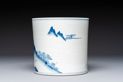 A Chinese blue and white 'Fisherman' brush pot, 20th C.