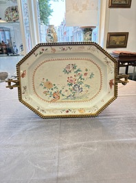 A Chinese famille rose octagonal 'Crane among Flowering Branches' dish with bronze mount, Qianlong