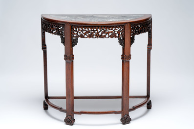 A fine Chinese marble-topped hongmu demi-lune console table, 19th C.