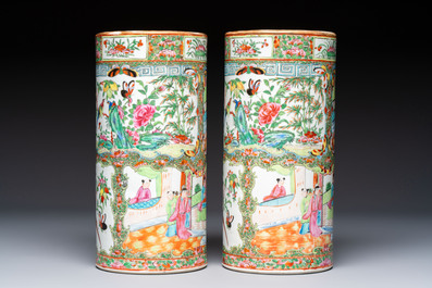 A pair of Chinese Canton famille rose hat stands, a covered vase, a vase and a bowl, 19th C.