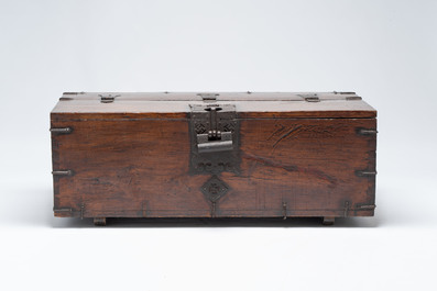 A Korean wrought-iron mounted wooden coin chest (Ton-Kwe), Joseon, 18/19th C.