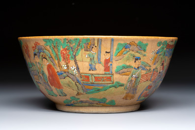 A Chinese famille rose 'Millefleurs' plate, a 'Dragons' plate, and a Nanking famille verte caf&eacute;-au-lait-ground bowl, Qianlong marks, 19/20th C.