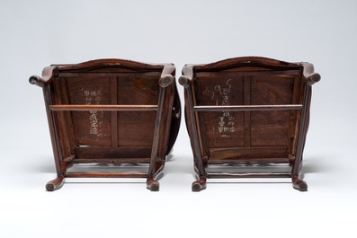 A set of six fine Chinese marble-inset hongmu chairs, 19th C.