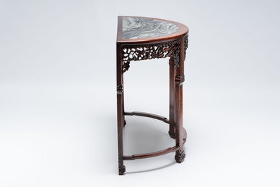 A fine Chinese marble-topped hongmu demi-lune console table, 19th C.