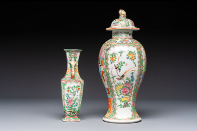 A pair of Chinese Canton famille rose hat stands, a covered vase, a vase and a bowl, 19th C.