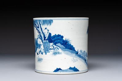 A Chinese blue and white 'Fisherman' brush pot, 20th C.
